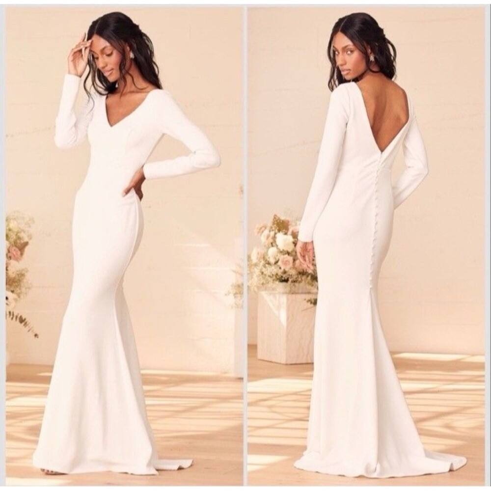 NWOT Lulu’s Feeling of Forever White Long Sleeve Mermaid Maxi  Dress Size Small